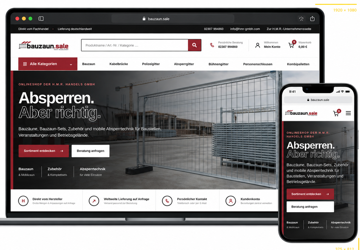 bauzaun.sale – Desktop- und Smartphone-Ansicht